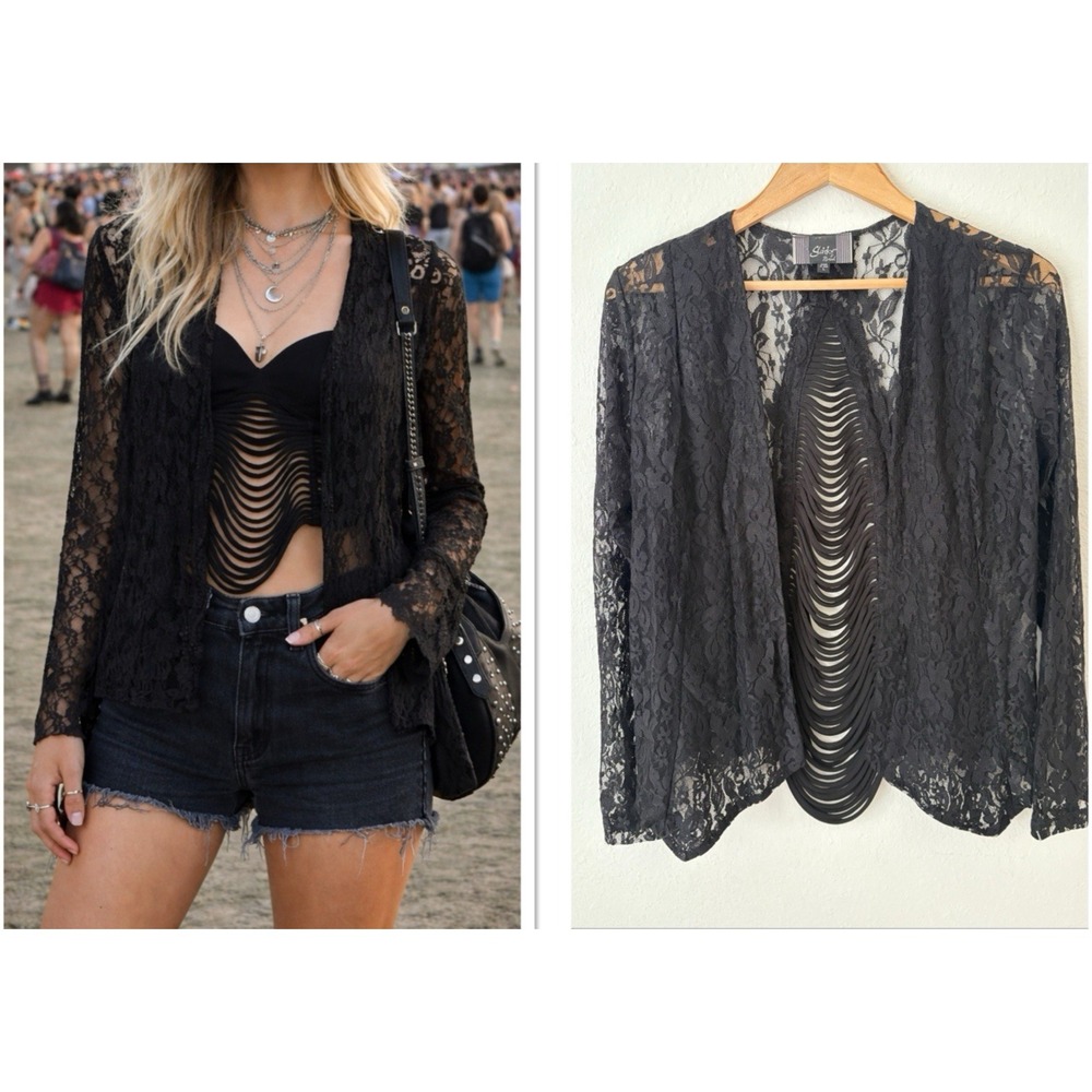 Black Lace Open Front Slashed Cardigan‎ L Shredded Gothic Dark Romance Festival